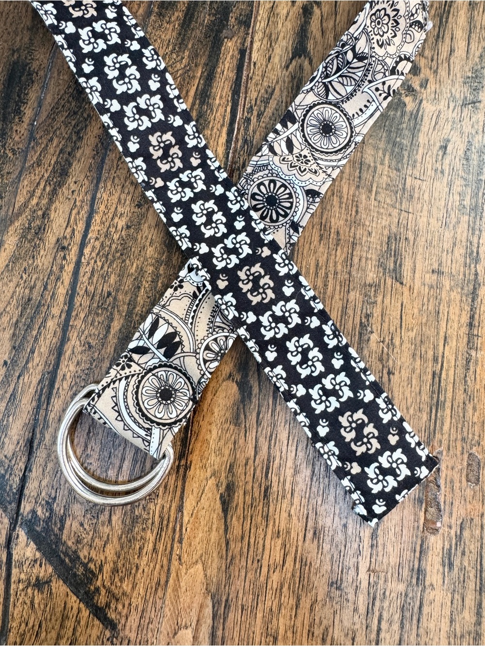 Unbranded Y2K Reversible Black Tan Patterned Fabric Belt Double Ring Buckle OS